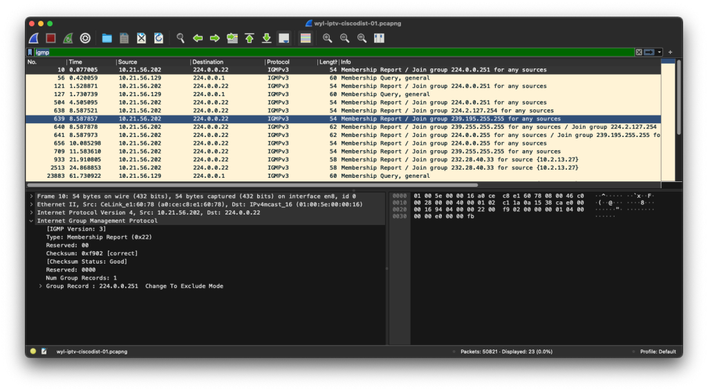 Wireshark screen capture showing IGMPv3 membership queries and reports